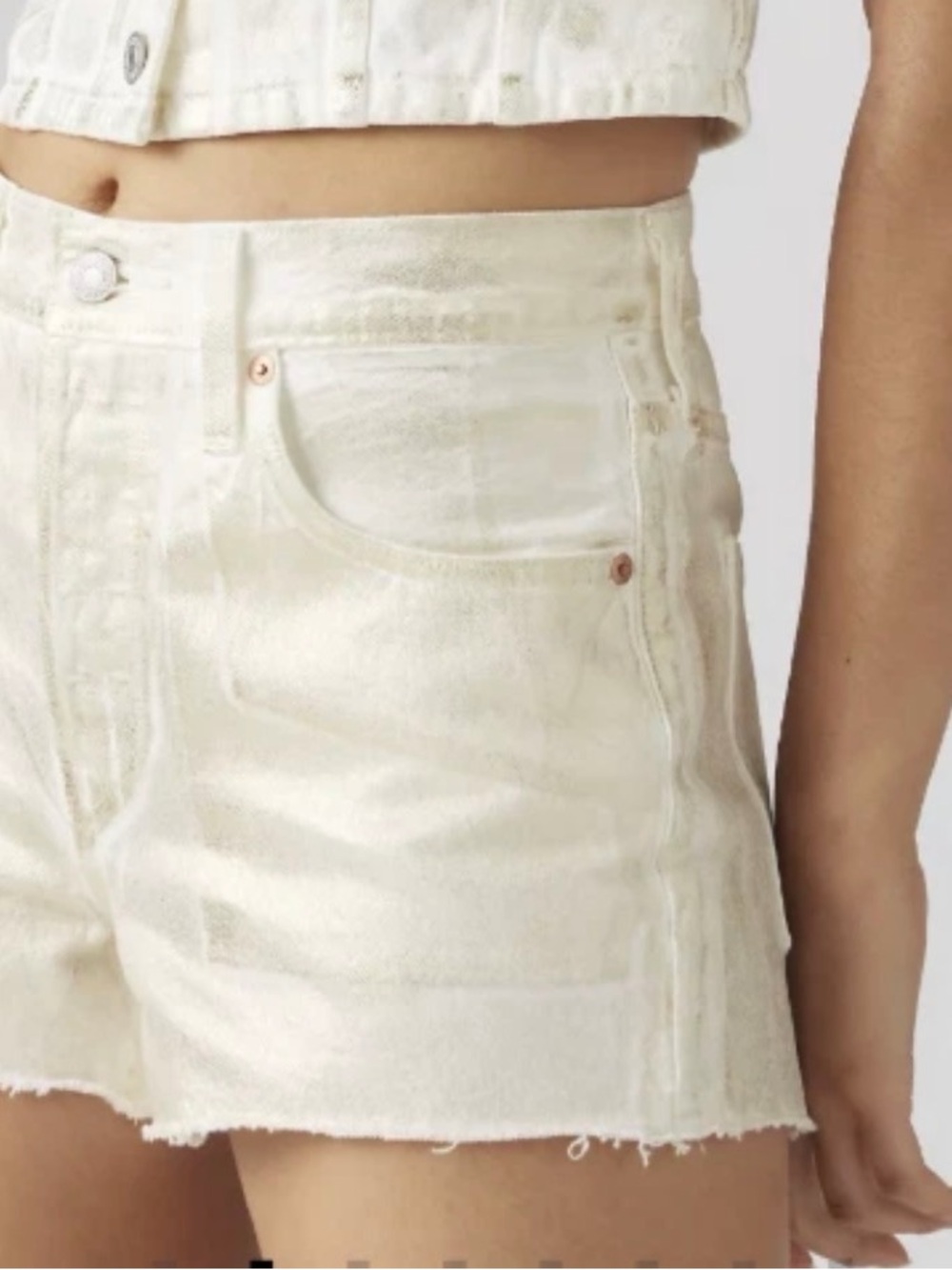 Levis Premium 501 Original Shorts Women 25 White Gold Metallic Raw Hem High
